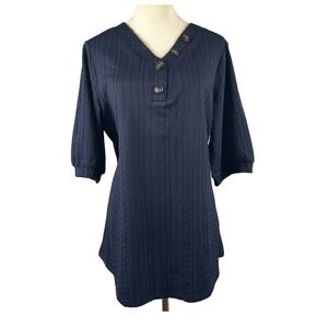 New BloomChic Womens Top V-Neck 3/4 Sleeve Textured Button Casual Blouse Blue